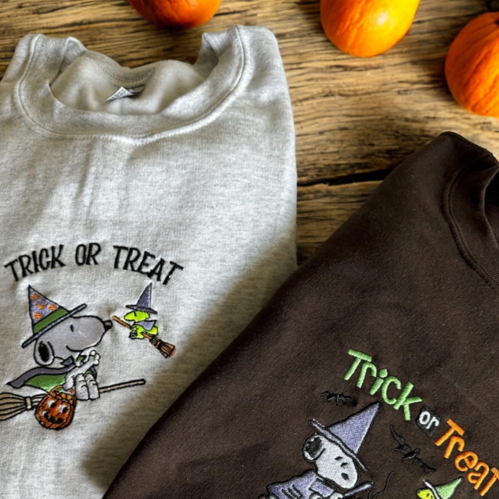 Snoopy Fall Embroidered Sweatshirt, Snoopy Pumpkin Embroidered Hoodie, Halloween Cartoon Dog Embroidery Crewneck Sweatshirt Sleeve Peakteedesigns