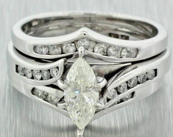 Woman&#39;s Trio Ring Set, Marquise Cut Moissanite Diamond Ring Set, Wedding Bridal Ring Set, Unique Engagement Ring Set, Three Piece Ring Set
