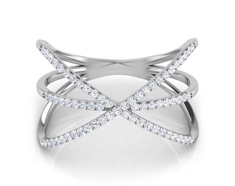 White Gold Criss Cross Ring, Round Moisasnite Diamond Wedding Ring, Women's Crosover Ring, Engagement Promise Ring, Christmas Gift For Her