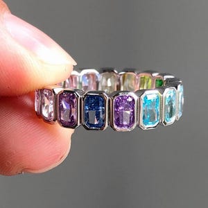 Multi Gemstone Engagement Band, Full Eternity Rainbow Band, Multi Color Radiant Cut CZ Stone Wedding Band, Bezel Set Birthstone Band For Her