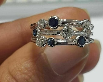 Anillo con engaste de burbujas, anillo de zafiro y gema blanca de talla redonda, anillo de burbujas de tres filas, anillo de compromiso único, regalo de aniversario de bodas