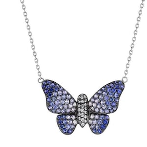 Butterfly Wedding Necklace, White & Blue Round Cut CZ Stone Butterfly Necklace, Women&#39;s Engagement Gift Necklace, Insect Inspire Necklace