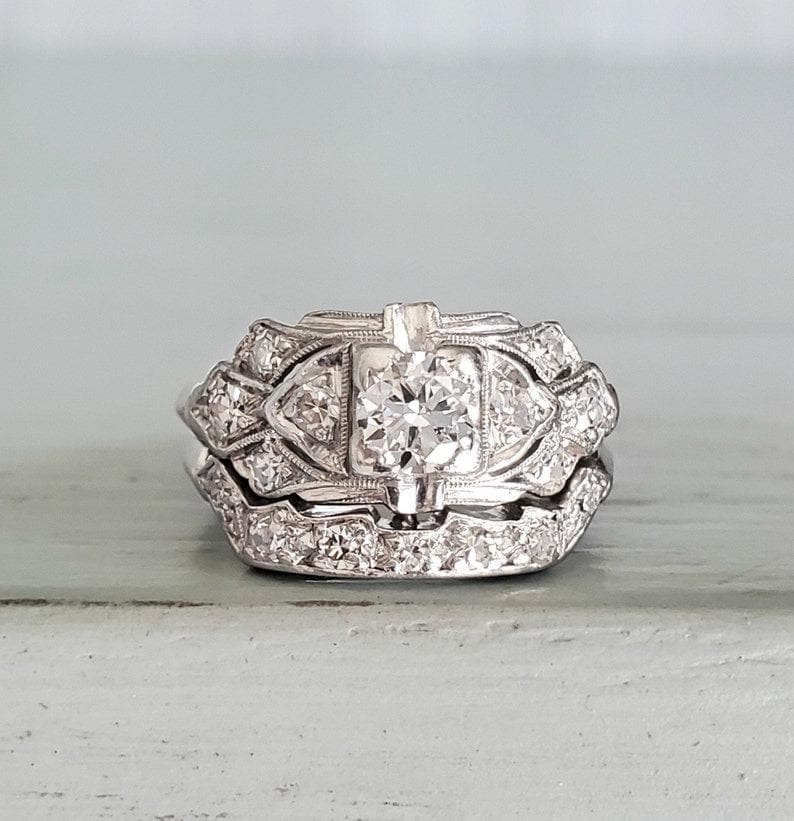 Art Deco Engagement Ring Set, Round Cut Moissanite Diamond Bridal Ring Set, Antique Wedding Ring Set, 14K Gold Vintage Inspire Ring Set