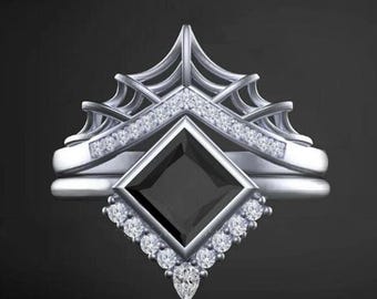 Spider Web Inspire Ring Set, Black Princess Cut Moissanite Diamond Ring Set, Half Halo Engagement Ring Set, Unique Wedding Bridal Ring Set