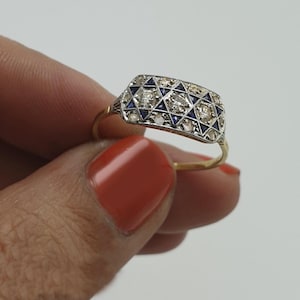 Circa 1920's Art Deco Wedding Ring, Blue Triangle & Round Gemstone Vintage Style Ring, Antique Milgrain Set Ring, Retro Minimalist Ring