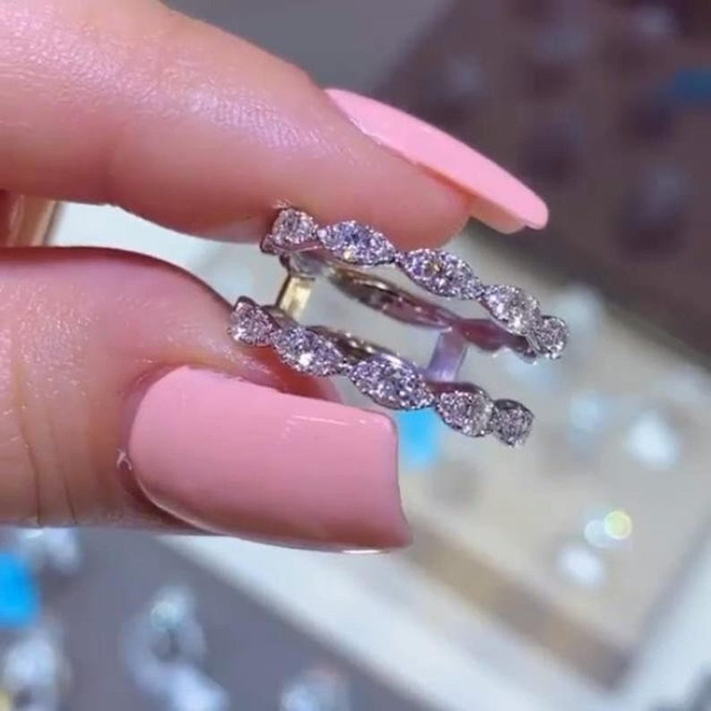 Double Halo Oval Cut Moissanite Diamond Bridal Ring Set, Enhancer Guard ...