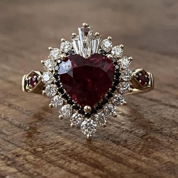 Red Garnet Heart Cut Gemstone Engagement Ring, Multi Color Double Halo Ring, Wedding Bridal Ring, Woman's Proposal Ring, Gift For Girlfriend
