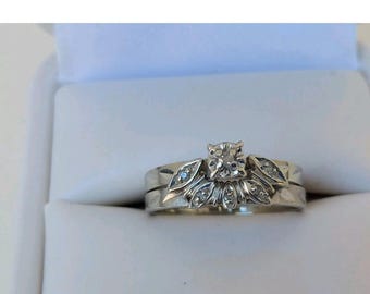 Vintage Inspire Engagement Ring Set, 18K White Gold Floral Bridal Set, Leaf Style Wedding Ring Set, Nature Inspire Jewelry, Dainty Ring Set