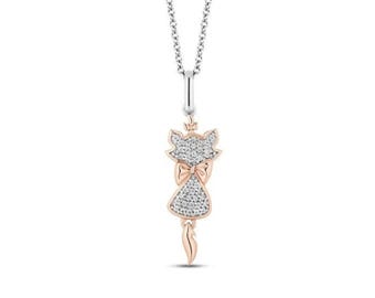 Two Tone Cat Inspire Necklace, 'Aristocats' Pendant Necklace, Round Cut Moissanite Diamond Pendant Necklace, Animal Style Necklace For Women