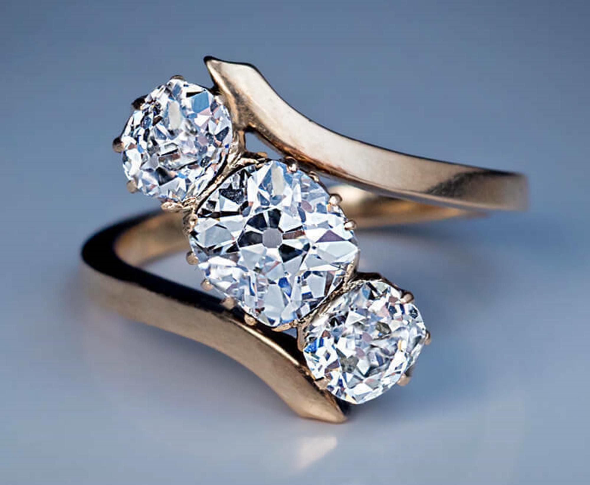 Antique Old Mine Cut Moissanite Diamond Ring, Three Stone Bypass Ring, 925 Silver Retro Wedding Ring, Woman's Mid Century Ring, Gift For Her