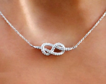 Dainty Infinity Love Knot Pendant Necklace, Round Moissanite Diamond Wedding  Necklace, 14K White Gold Valentine's Gift Necklace For Her