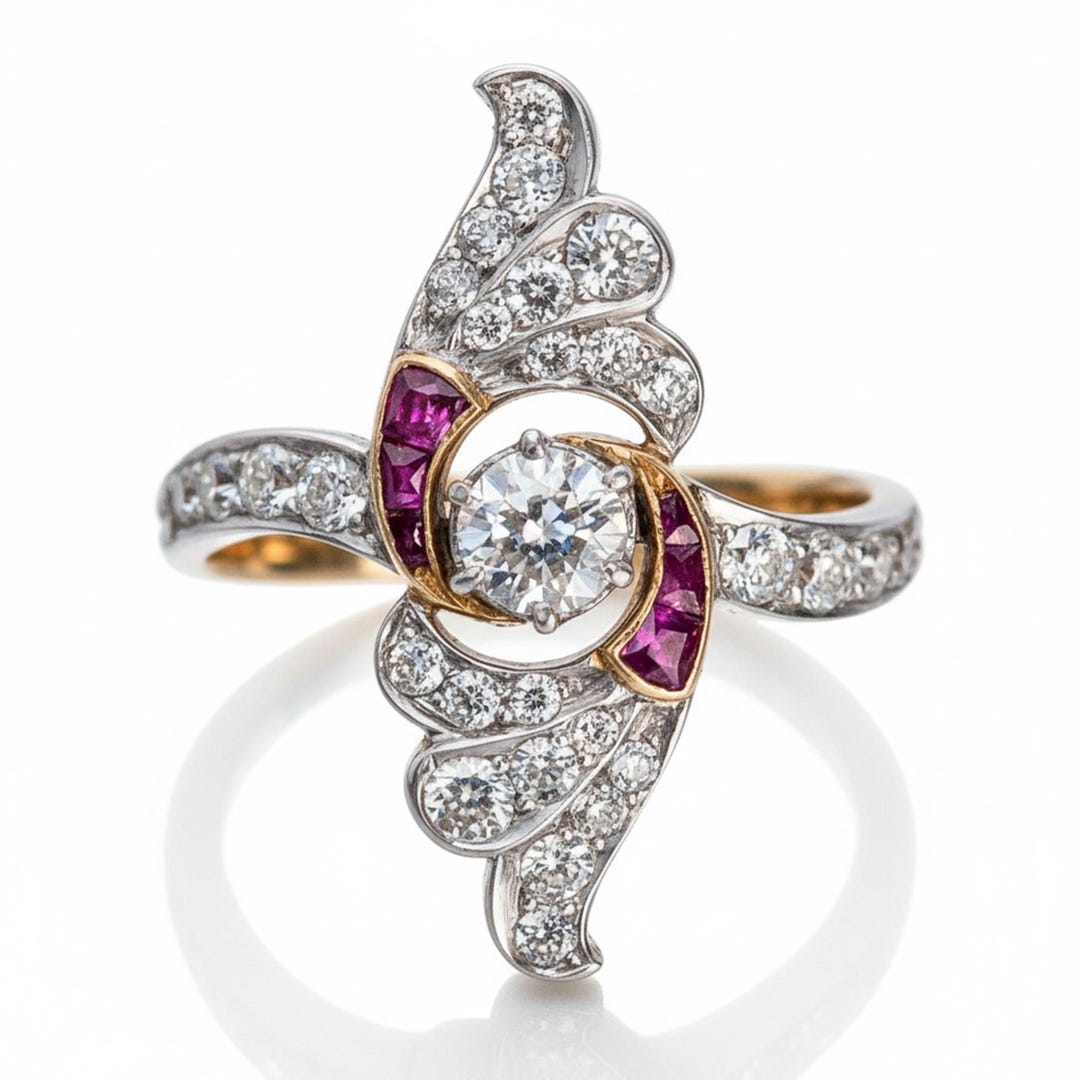 Antique Art Deco Wing Motif Ring, Round & Pink Baguette CZ Stone Party ...