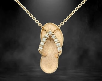 Flip Flop Necklace For Her, Round Cut Moissanite Diamond Pendant Necklace, Summer Sandal Pendant Necklace, Yellow Gold Slipper Necklace