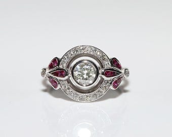 Anello Art Déco con rubino antico, anello rotondo con pietra zirconia cubica rosa taglio baguette, anello nuziale, anello di fidanzamento con alone, anello di proposta per lei