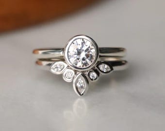 Bezel Set Solitaire Engagement Ring Set, Round Cut Moissanite Diamond Bridal Ring Set, Five Stone Wedding Band, Classic Ring Set For Women