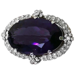 Floral Inspired Amethyst Brooch, Huge Purple Oval CZ Stone Art Deco Brooch For Women, Antique Victorian Gemstone Brooch, Wedding Brooch