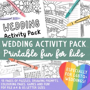 Puede incluir: Un paquete de actividades de boda para niños, con páginas para colorear, rompecabezas y indicaciones de dibujo. El paquete incluye el texto "Wedding Activity Pack" y "Printable fun for kids." El diseño incluye un corazón arcoíris.