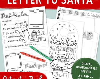 May include: A black and white activity pack with the text "Letter to Santa". Includes a letter template, a door hanger with Santa, and a sheet with stamps. The pack also includes a red and green crayon.