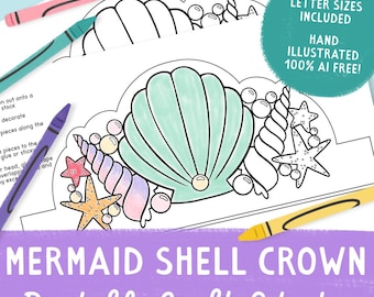 Mermaid Shell Crown Printable Craft. Mermaid Party Craft Activity. Under the sea Birthday Party. Mermaid Princess Tiara. Mermaid Party Hats