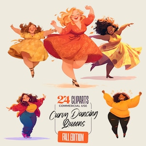 24 curvy vrouwen dansen in herfstkleding Clipart: dans, gelukkig, gezellige kleding dragen, transparante achtergrond - hoge kwaliteit kunst in groter formaat