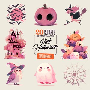 20 Pink Halloween Cliparts - 300 DPI png - cute pumpkins, witch, bats, mansion, ghost and elements - included borders - Cartoon Style