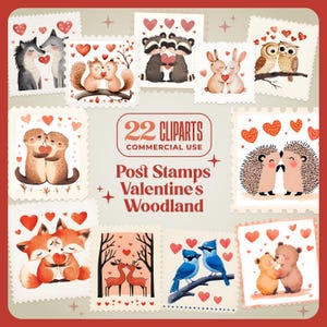 22 timbres postaux Clipart forêt Saint-Valentin - 300 DPI - vintage - amour couple animaux de la forêt, journal indésirable, invitation, cartes