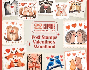 Valentine's Woodland Animal Stamps Clipart – Vintage Style (Digital Download)