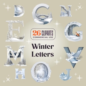 26 letras de invierno - Clipart - 300 DPI - Vintage - Uso comercial - Monogramas Decoración de escena de nieve - Planificador, tarjetas, estilo de corte de papel, alfabeto