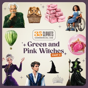 35 groene en roze heksen deel 2 Cliparts - transparante Png digitale download - Elphaba, Glinda, Morrible, Nessarose, Fiyero - film
