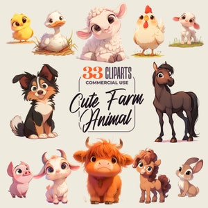 33 schattige boerderijdieren clipart - 300 DPI png - schattige dieren - land / boerderij / sprookjes - transparante achtergrond - cartoonstijl