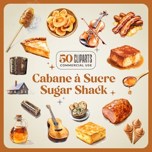50 clipart Sugar Shack, alta qualidade 300 DPI, pratos de xarope de bordo, tradição de Quebec, para menu, convite, café da manhã, brunch, diário, artesanato