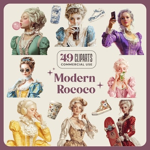 Puede incluir: Una colección de 249 imágenes de clip art digitales que representan a mujeres en varias poses y atuendos. Las imágenes están en un estilo rococó moderno, con detalles intrincados y colores vibrantes. El texto "249 CLIPARTS COMMERCIAL USE" y "Modern Rococo" se muestra en la imagen.