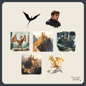 Może przedstawiać: Zestaw cyfrowych ilustracji przedstawiający czarną sylwetkę smoka, mężczyznę w zbroi, złotego smoka i trzy r&oacute;żne zamki. Zamki znajdują się na tle g&oacute;r i chmur.