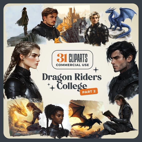 Dragon Riders College Cliparts – Romantasy Art, Junk Journal (Digital Download)