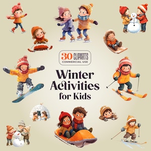 30 actividades de invierno para niños - PNG de 300 DPI - Niños lindos jugando en la nieve durante las vacaciones: patinaje sobre hielo, esquí, snowboard, trineo, muñeco de nieve, iglú, ángel