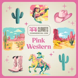 44 vintage Pink Western - Qualité 300 DPI - Cowgirls style pop art, musique country girly, femme, désert de cactus, bordures, modèle sans couture