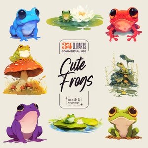 34 Cute Frogs Cliparts - 300 DPI png - Cute animals and borders - Halloween / Forest / Fairy tale - transparent Background - Cartoon Style