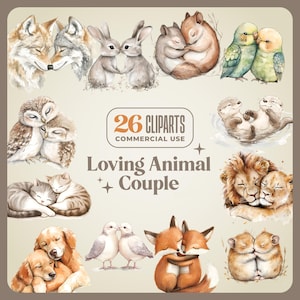 26 casais de animais amorosos clipart - 300 DPI - Vintage - fofo, apaixonado, terno, dia dos namorados, diário de lixo romântico, convite, cartões