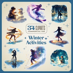 34 activités hivernales clipart femme et homme ski, snowboard, patinage sur glace, raquettes, bonhomme de neige, ambiance magique sport de neige, 300 DPI png thumbnail