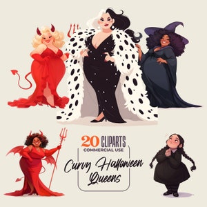 May include: A set of 20 digital clip art images featuring curvy Halloween characters. The characters are dressed as a witch, a devil, Cruella De Vil, and a school girl. The text "Curvy Halloween Queens" is included in the image.