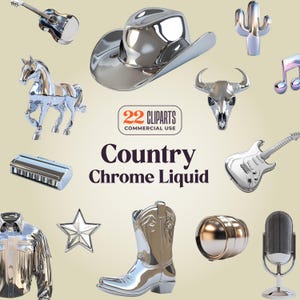 22 cliparts liquides de musique country - 300 DPI png - pour agenda - art mural - journal - style métal futuriste Western
