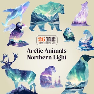 24 images clipart animaux de l'Arctique et aurores boréales à double exposition - 300 DPI - créatures polaires boréales et aurores boréales, forêt
