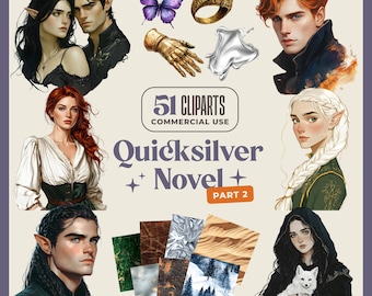 Zestaw clipartów powieściowych Quicksilver – postacie i wzory fantasy (do pobrania w wersji cyfrowej)