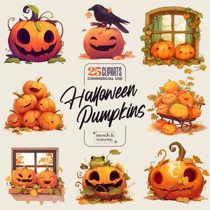 25 Halloween Pumpkins clipart - 300 DPI png - urocze zwierzęta i elementy - w tym obramowania i łuki - styl kreskówkowy