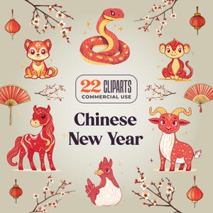22 cliparts du nouvel an chinois - 300 DPI usage commercial - animaux du zodiaque chinois, signe, couleur rouge et or, célébration de l'année lunaire asiatique, png
