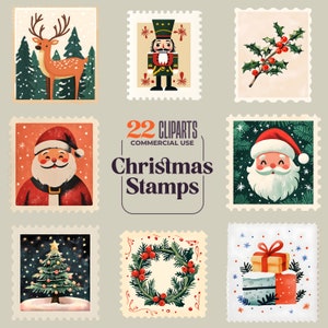 22 sellos navideños Clipart - 300 DPI - Vintage - Uso comercial - Accesorios de planificador - Sellos de regalo de Navidad - Fondo transparente