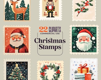 Vintage Christmas Stamp Clipart - 22 PNG Graphics (Digital Download)