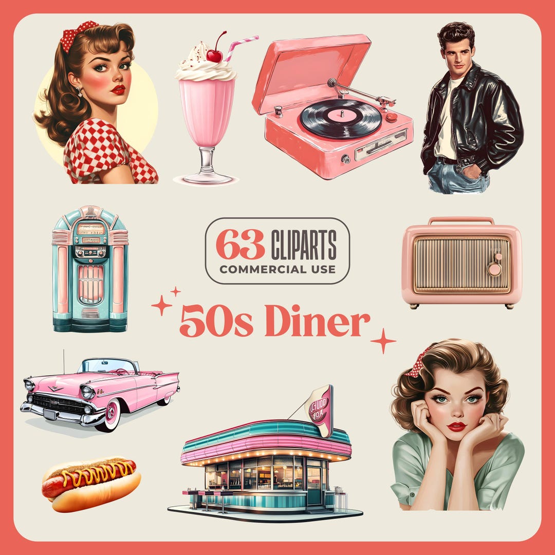 50s Diner Clipart Set – Retro American Food & Cars (digital Download ...
