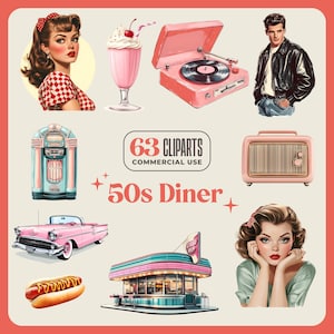 63 cliparts de restaurantes vintage dos anos 50 - qualidade de 300 DPI - restaurante americano retrô, comida, música, carro, moto, convite, diário, decoração de festa