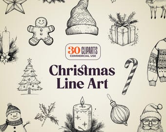 Weihnachten Line Art Clipart - 30 handgezeichnete PNG Grafiken (Digitaler Download)